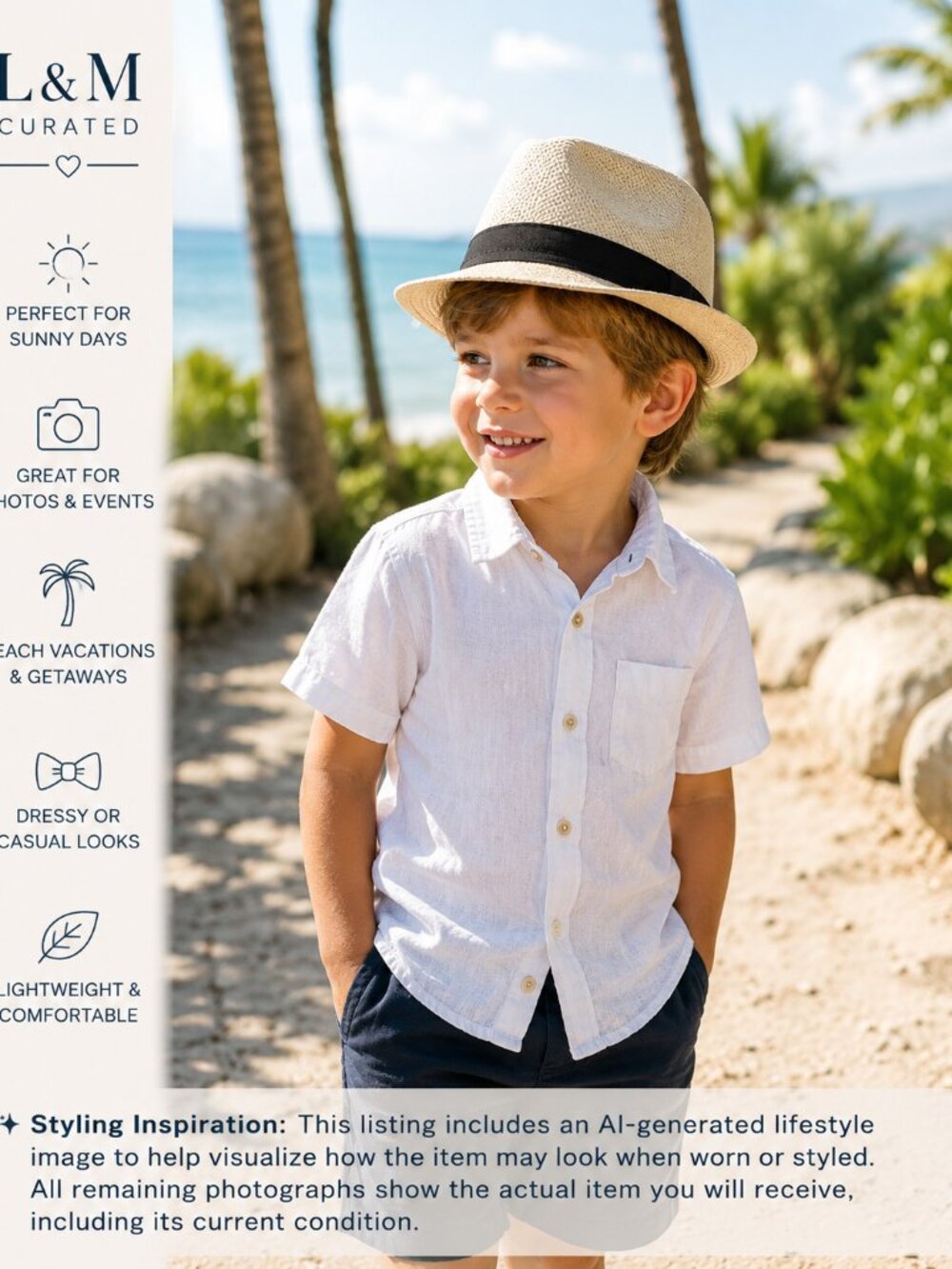 Kids Classic Straw Fedora Hat | Natural & Black | Summer Beach Dress Hat